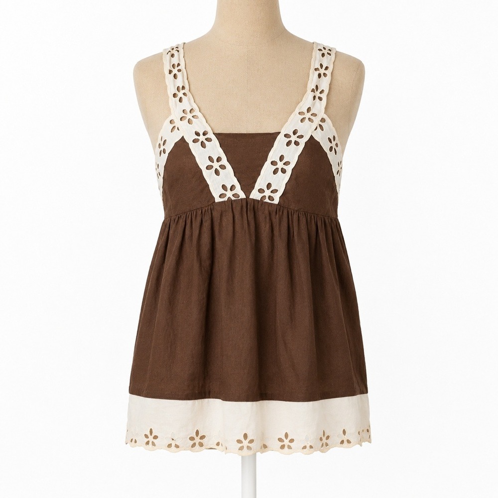 Vintage Y2K Eyelet Lace Babydoll Tank Top Sz M Brown Boho Festival Indie Grunge